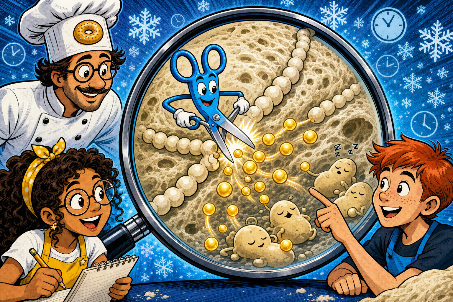 Amylase the blue scissors creature snipping a starch chain into golden sugar balls while Sarah takes notes and Matthew points