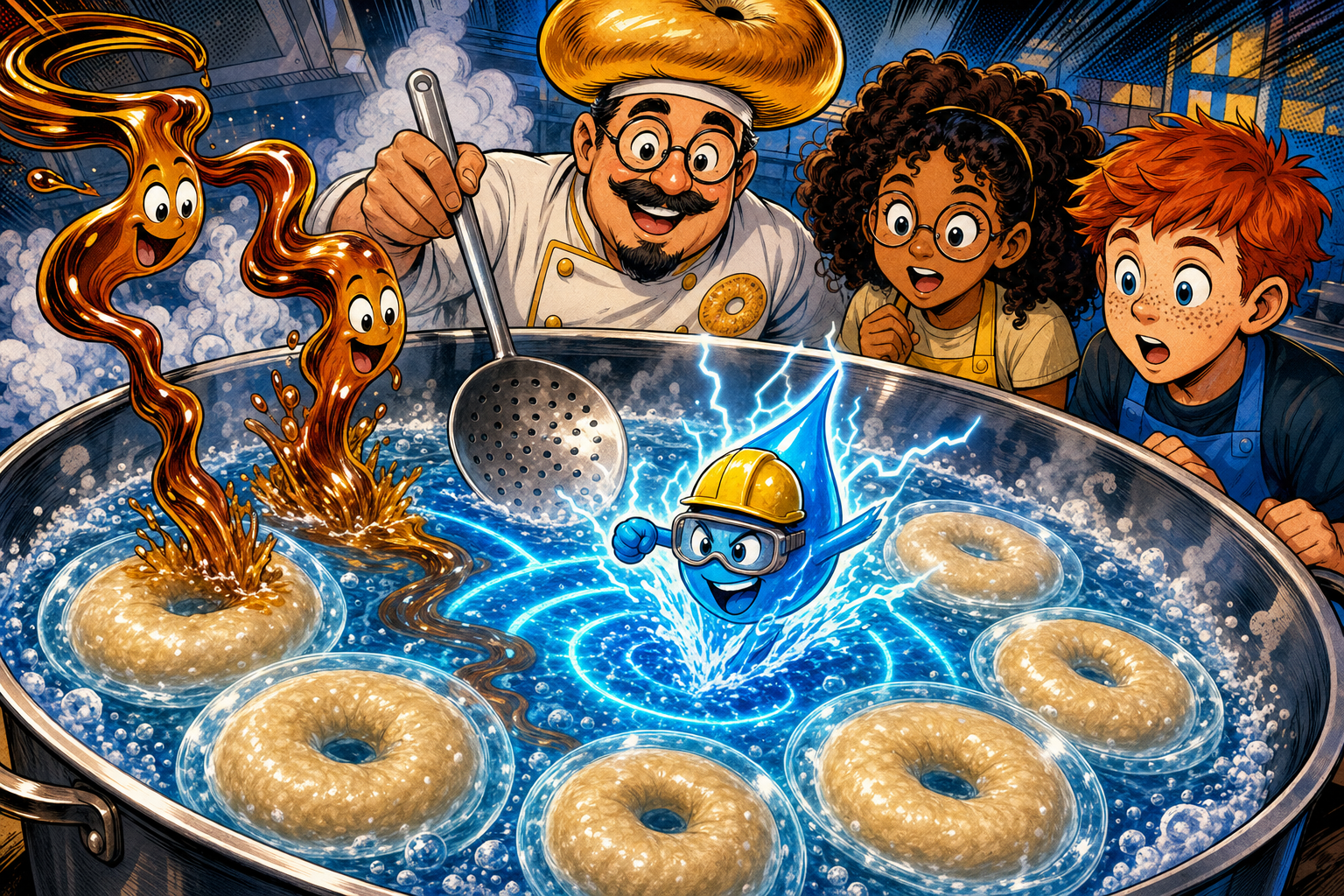 Giant pot of boiling water with floating bagels, amber malt syrup ribbons and the blue Lye droplet diving in, glossy starch shields forming