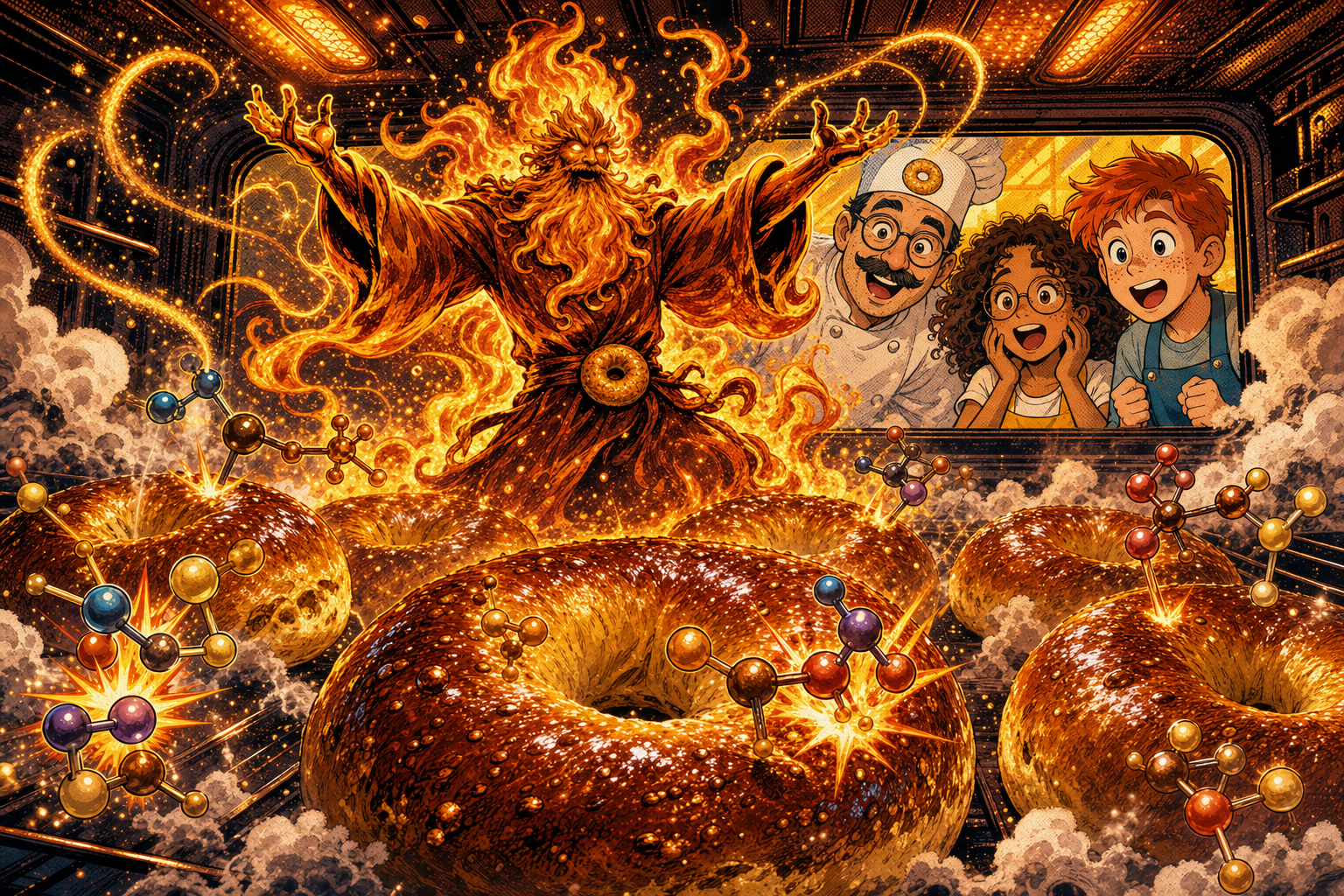 Fiery Maillard wizard inside a hot oven conjuring sparks while the bagel crusts brown and blister, Léo Sarah and Matthew watch through the oven window