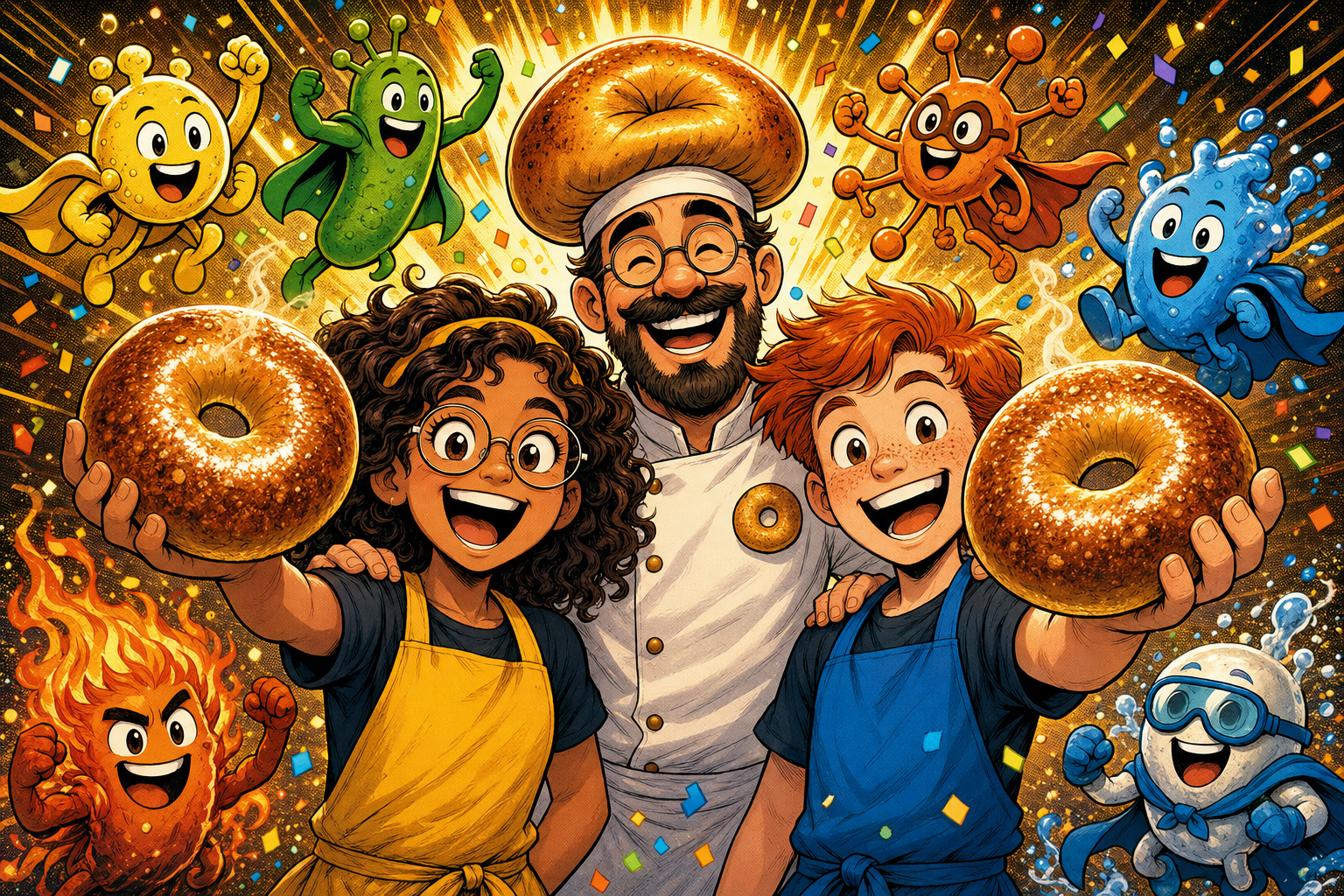 Sarah and Matthew each holding up a perfect finished bagel in victory, Chef Léo beaming behind them, the microbe team celebrating in confetti