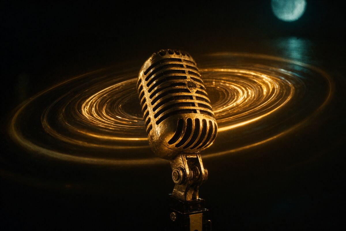 A vintage ribbon microphone with golden sound waves rippling outward